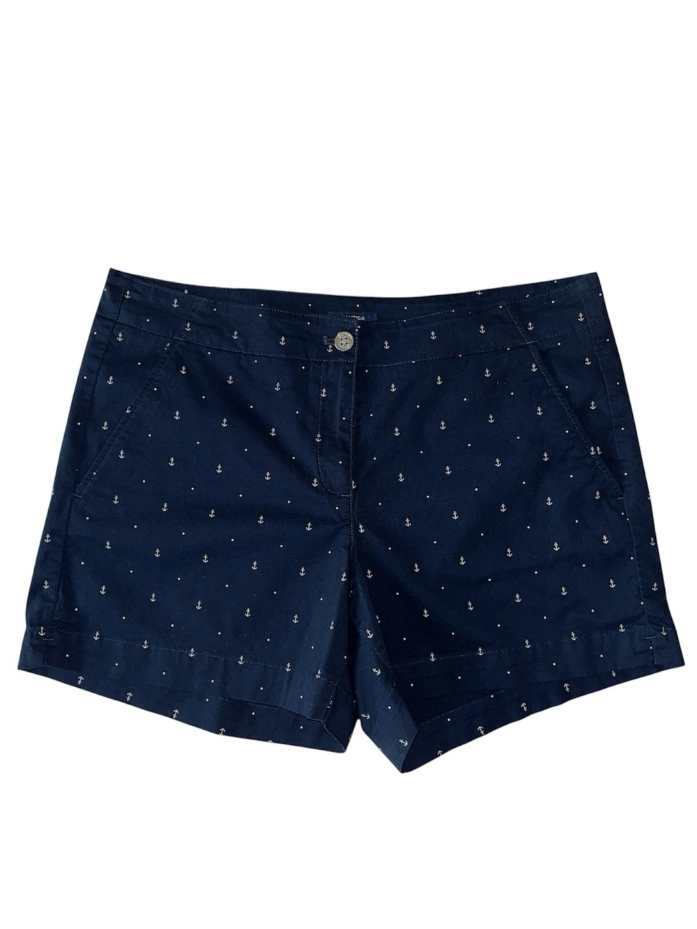 Nautica Navy Blue White Anchor Print Chino Shorts Size 12 Classic Coastal Preppy